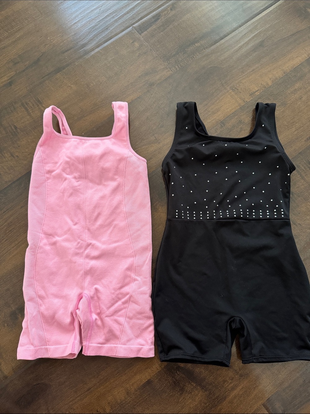 Pink and Black Girls' Dance Unitards - Rhinestone Detail on Black